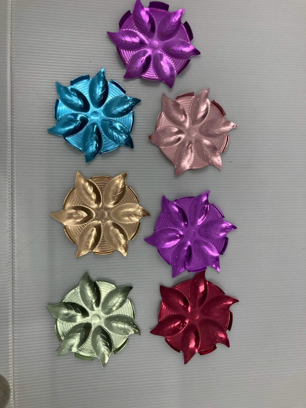 VTG MCM Tallstirs Anodized Aluminum Flower Coasters - Set of 7